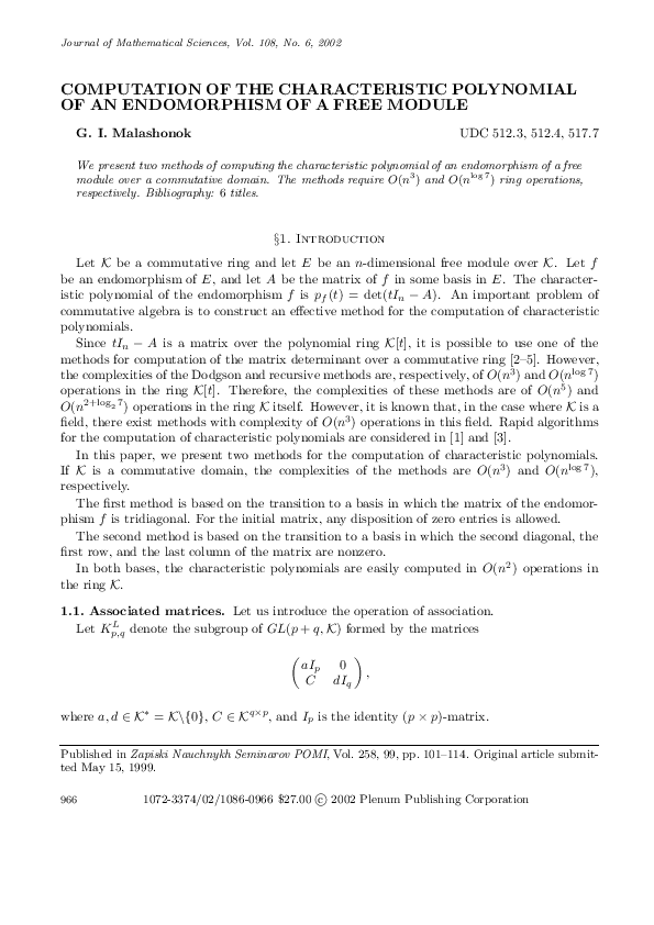 (PDF) Computation of the Characteristic Polynomial of an Endomorphism ...