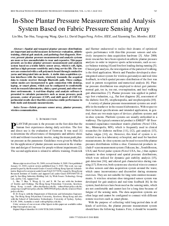 (PDF) In-Shoe Plantar Pressure Measurement and Analysis System Based on ...
