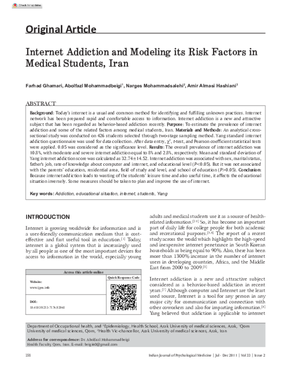 (PDF) Internet Addiction and Modeling its Risk Factors in Medical ...