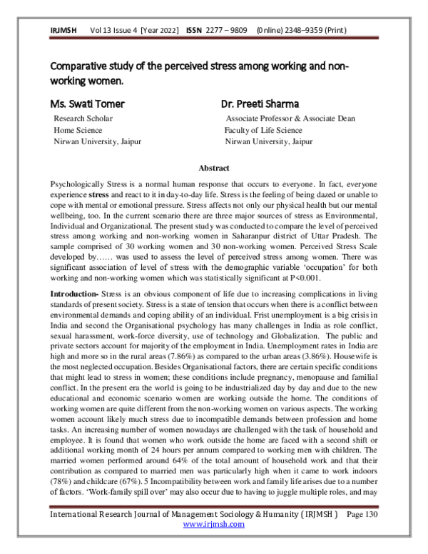 (PDF) Comparative study of the perceived stress among working and ...