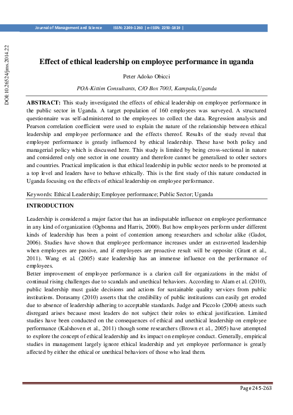 (PDF) Effect of ethical leadership on employee performance in uganda