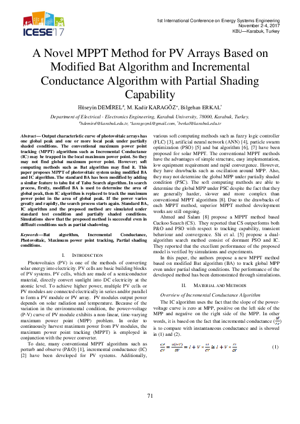 (PDF) A Novel MPPT Method for PV Arrays Based on Modified Bat Algorithm ...