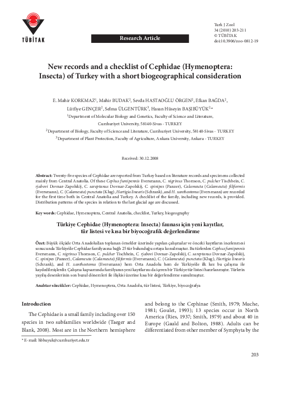 (PDF) New records and a checklist of Cephidae (Hymenoptera: Insecta) of ...