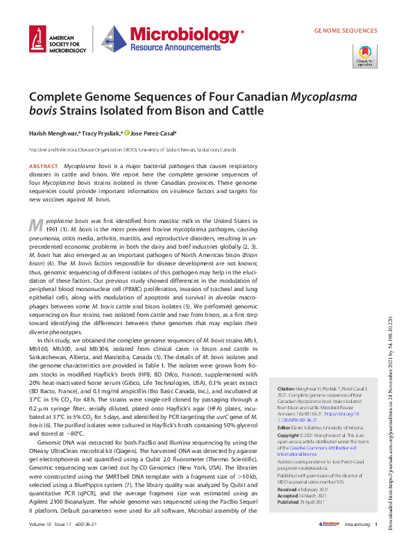 (PDF) Complete Genome Sequences of Four Canadian Mycoplasma bovis ...