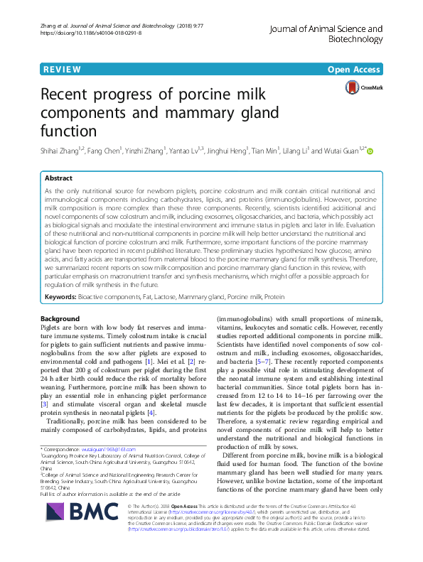 (PDF) Recent progress of porcine milk components and mammary gland