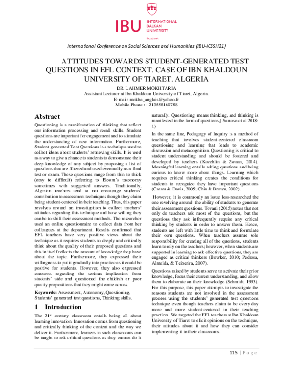 (PDF) ATTITUDES TOWARDS STUDENT-GENERATED TEST QUESTIONS IN EFL CONTEXT ...