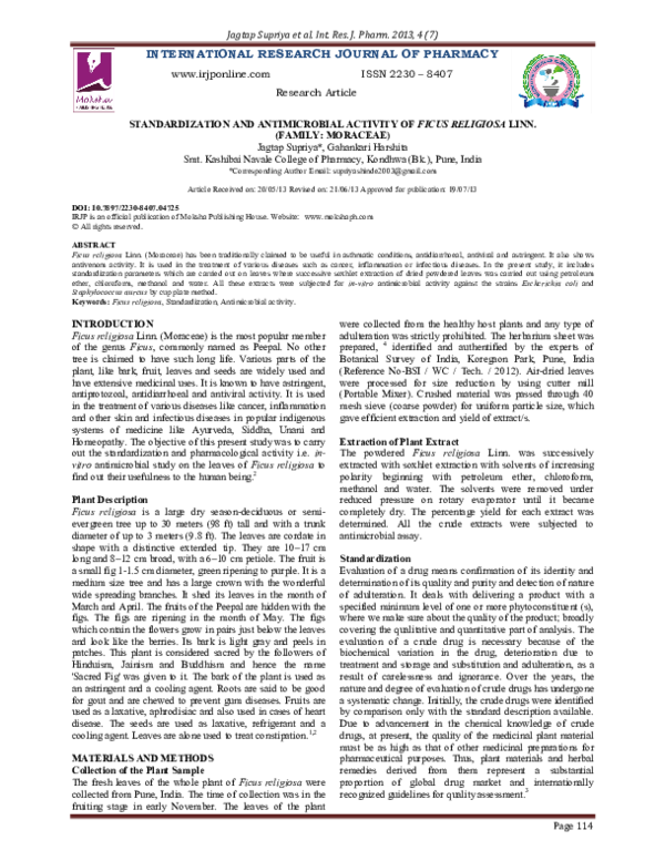 (PDF) Standardization and Antimicrobial Activity of Ficus Religiosa ...