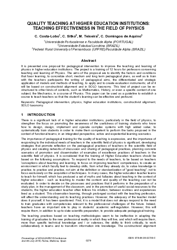 (PDF) Quality Teaching at Higher Education Institutions: Teaching ...
