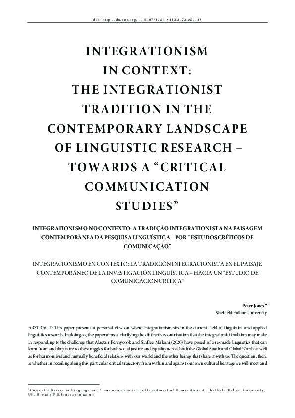 (PDF) Integrationism in context: the integrationist tradition in the ...