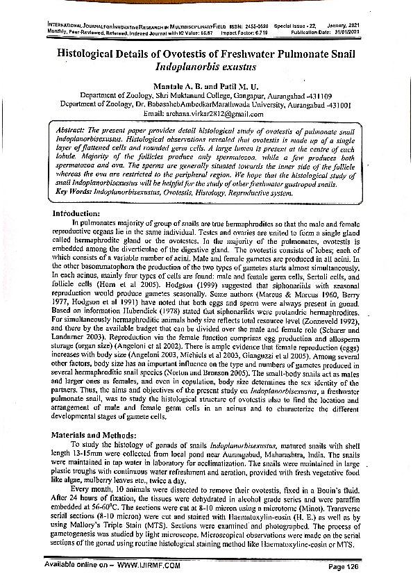 (PDF) HISTOLOGICAL DETAILS OF OVOTESTIS OF FRESHWATER PULMONATE SNAIL
