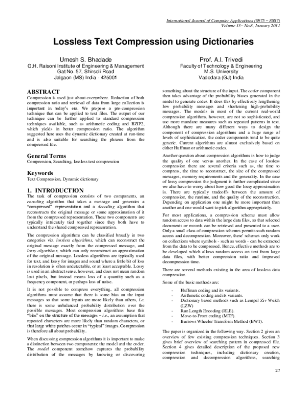 (PDF) Lossless Text Compression using Dictionaries