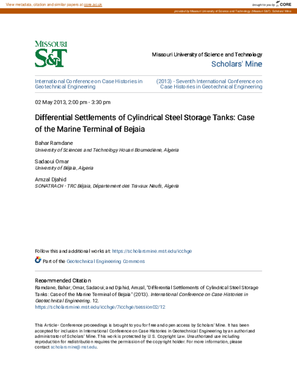 (PDF) Differential Settlements of Cylindrical Steel Storage Tanks: Case ...