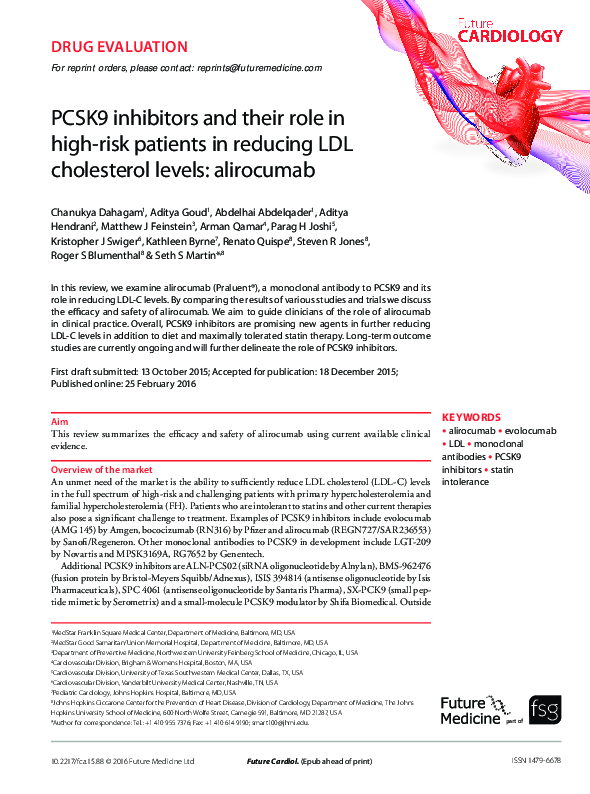(PDF) PCSK9 inhibitors and their role in high-risk patients in reducing ...