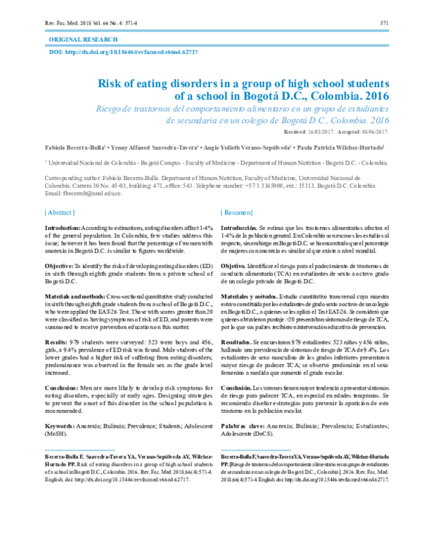 (PDF) Risk of eating disorders in a group of high school students of a ...