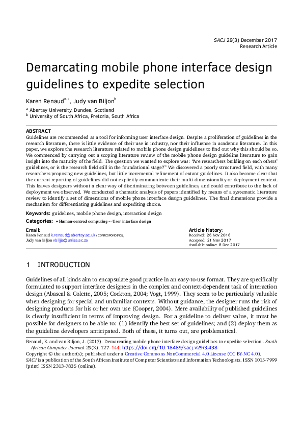  PDF Demarcating Mobile Phone Interface Design Guidelines To Expedite Selection Karen Renaud 