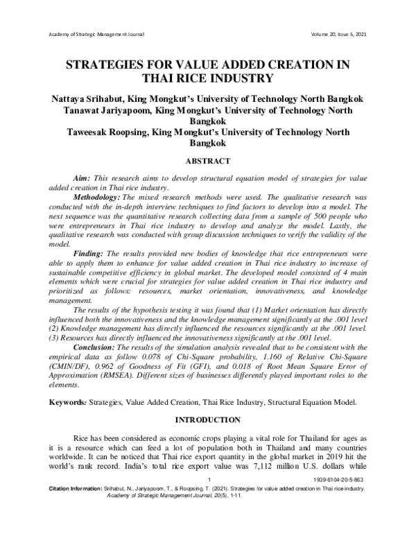 (PDF) Strategies for Value Added Creation in Thai Rice Industry