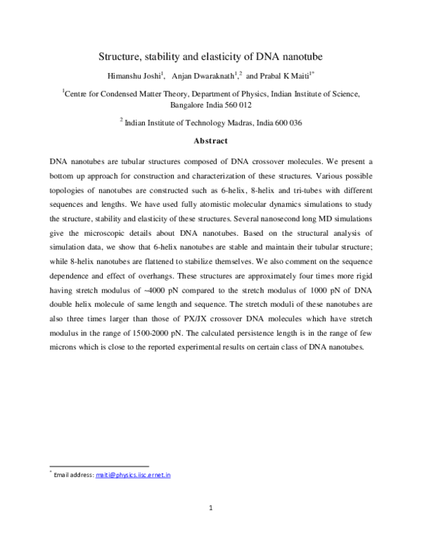 (PDF) Structure, stability and elasticity of DNA nanotubes | Himanshu ...
