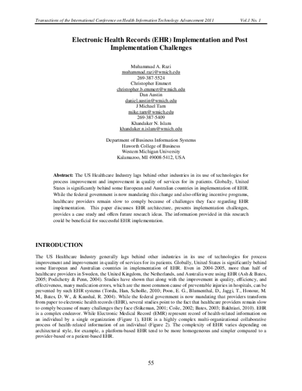 (PDF) Electronic Health Records (EHR) Implementation and Post ...