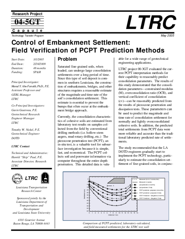(PDF) Control of Embankment Settlement Field Verification on PCPT ...