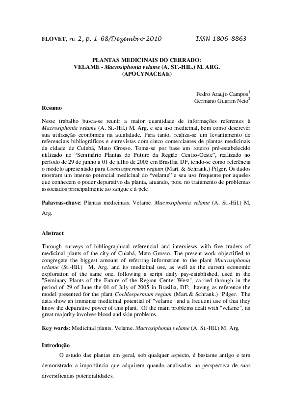 (PDF) PLANTAS MEDICINAIS DO CERRADO: VELAME - Macrosiphonia velame (A ...