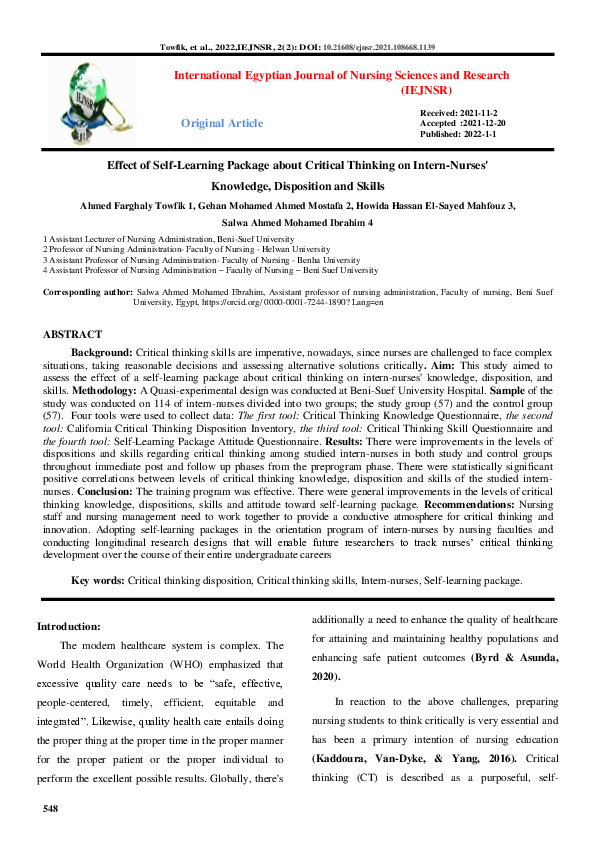(PDF) Effect of Self-Learning Package about Critical Thinking on Intern ...