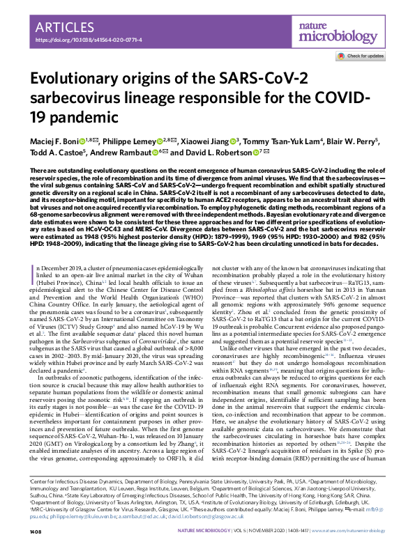 (PDF) Evolutionary origins of the SARS-CoV-2 sarbecovirus lineage ...