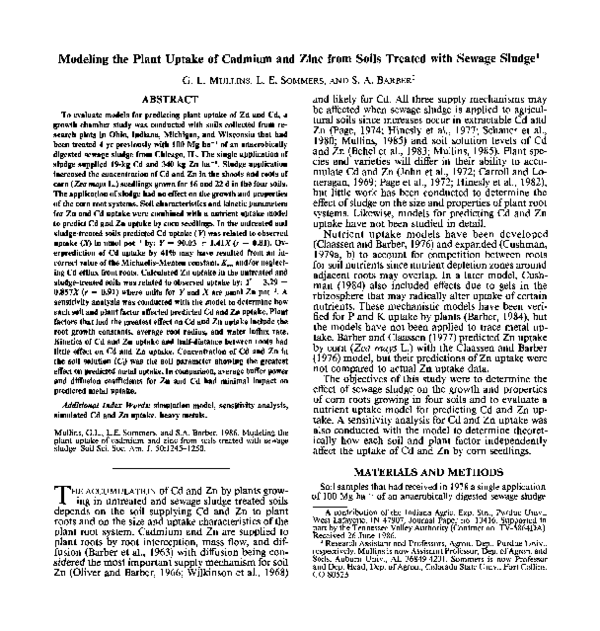 (PDF) Modeling the Plant Uptake of Cadmium and Zinc from Soils Treated ...