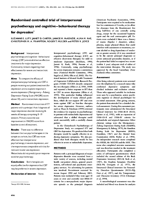 (PDF) Randomised controlled trial of interpersonal psychotherapy and ...