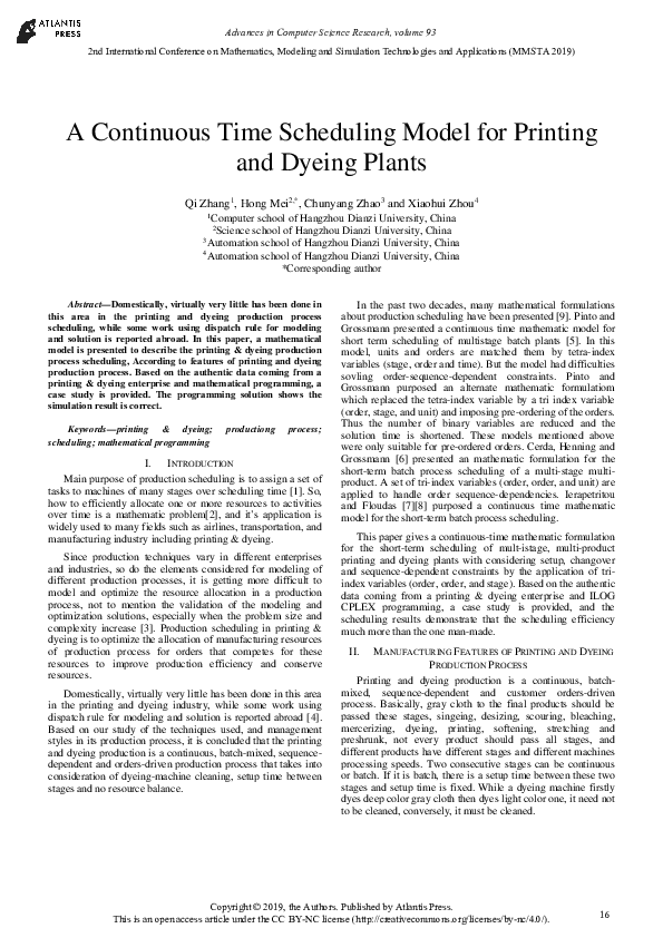 (PDF) A Continuous Time Scheduling Model for Printing and Dyeing Plants