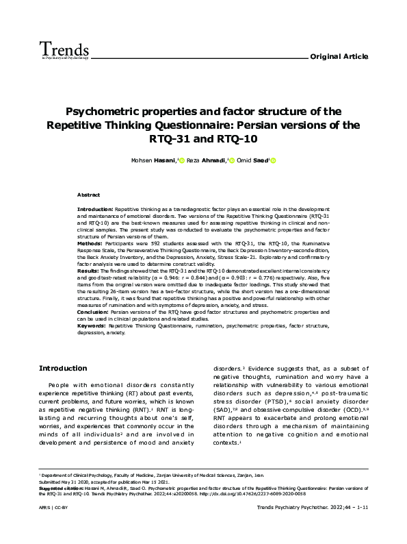 (PDF) Psychometric properties and factor structure of the Repetitive ...