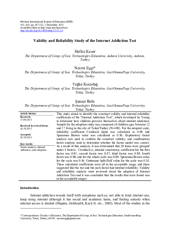(PDF) Validity and Reliability Study of the Internet Addiction Test