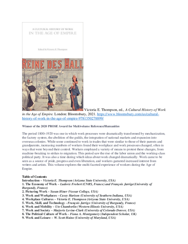 (PDF) A Cultural History of Work in the Age of Empire
