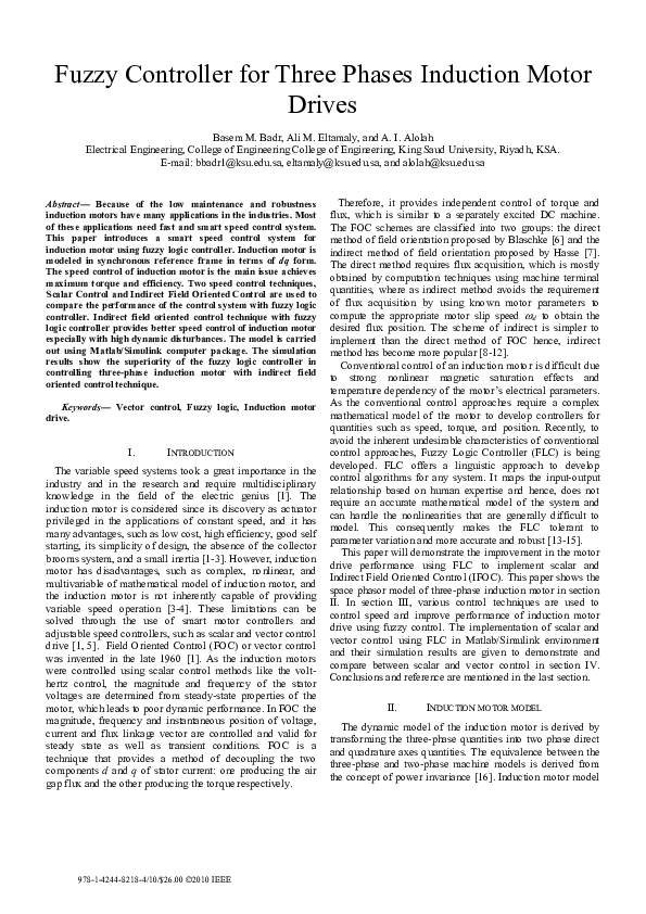 (PDF) Fuzzy controller for three phases induction motor drives