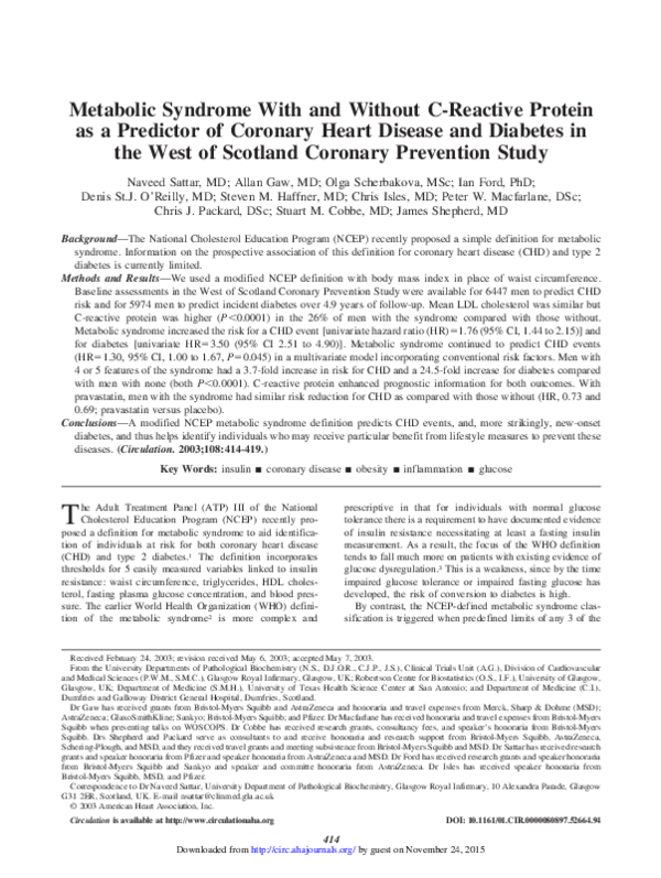 (PDF) Metabolic Syndrome With and Without C-Reactive Protein as a ...