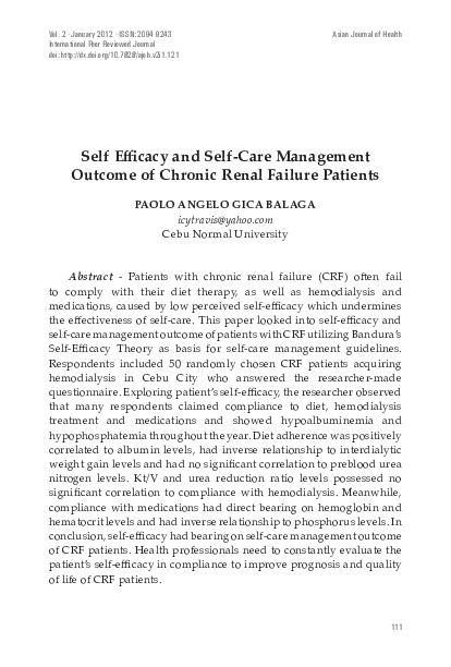 (PDF) Self-Efficacy and Self-Care Management Outcome of Chronic Renal ...