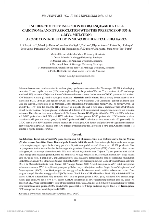 (PDF) Incidence of HPV Infection in Oral Squamous Cell Carcinoma and ...