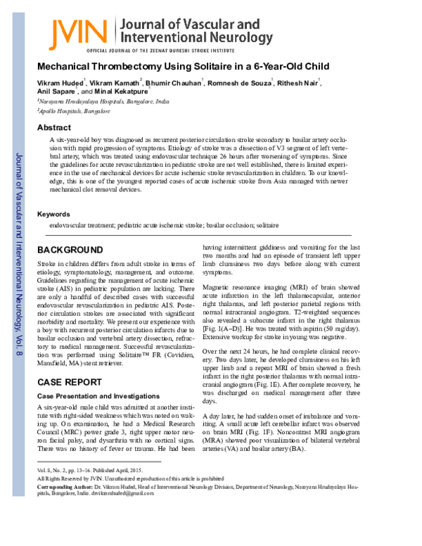 (PDF) Mechanical Thrombectomy Using Solitaire in a 6-Year-Old Child
