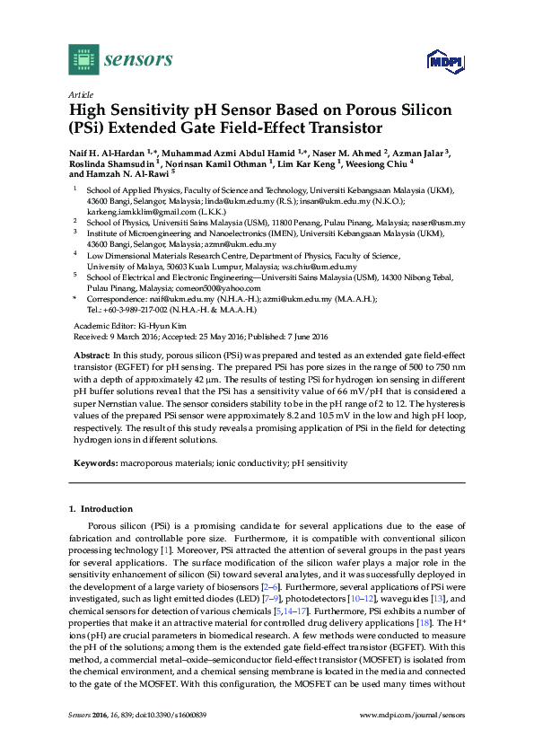 (PDF) High Sensitivity pH Sensor Based on Porous Silicon (PSi) Extended ...