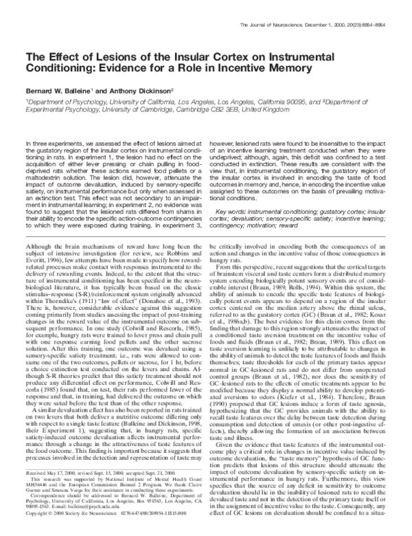 (PDF) The Effect of Lesions of the Insular Cortex on Instrumental ...