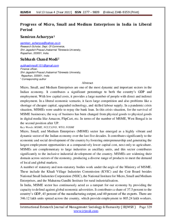 (PDF) Progress of Micro, Small and Medium Enterprises in India in ...