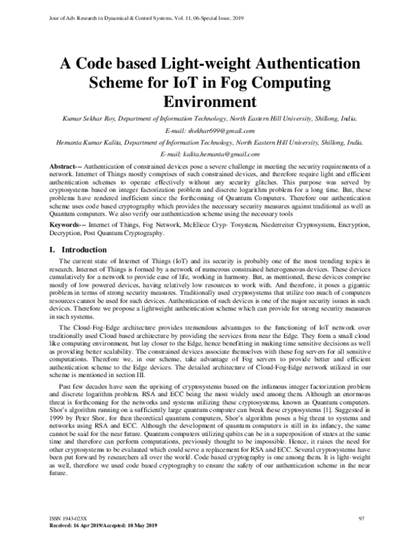 (PDF) A Code based Light-weight Authentication Scheme for IoT in Fog ...