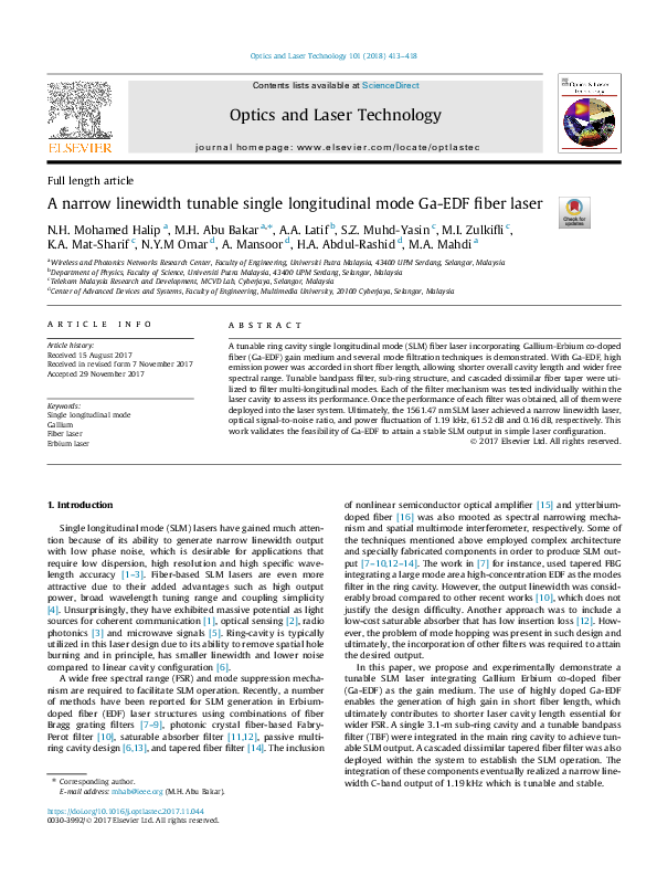 (PDF) A narrow linewidth tunable single longitudinal mode Ga-EDF fiber ...