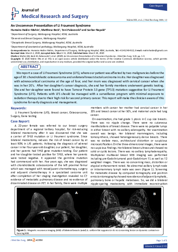 (PDF) An Uncommon Presentation of Li Fraumeni Syndrome | Journal of ...