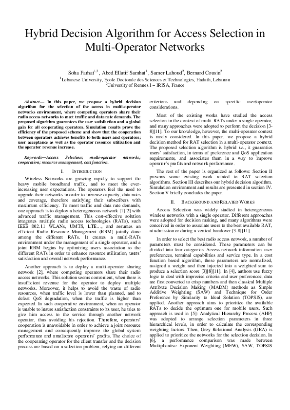 (PDF) Hybrid decision algorithm for access selection in multi-operator ...