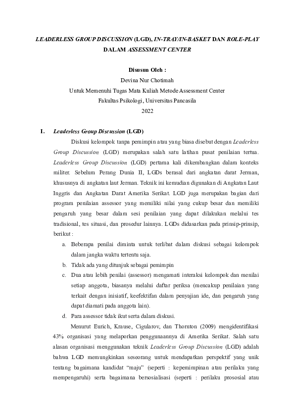 (PDF) LEADERLESS GROUP DISCUSSION (LGD), IN-TRAY/IN-BASKET DAN ROLE ...