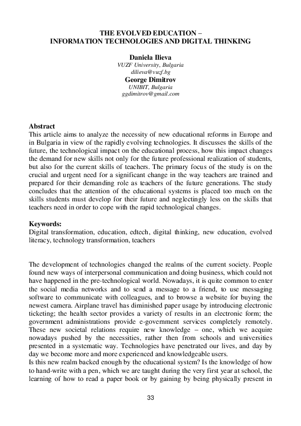 (PDF) THE EVOLVED EDUCATION -INFORMATION TECHNOLOGIES AND DIGITAL THINKING