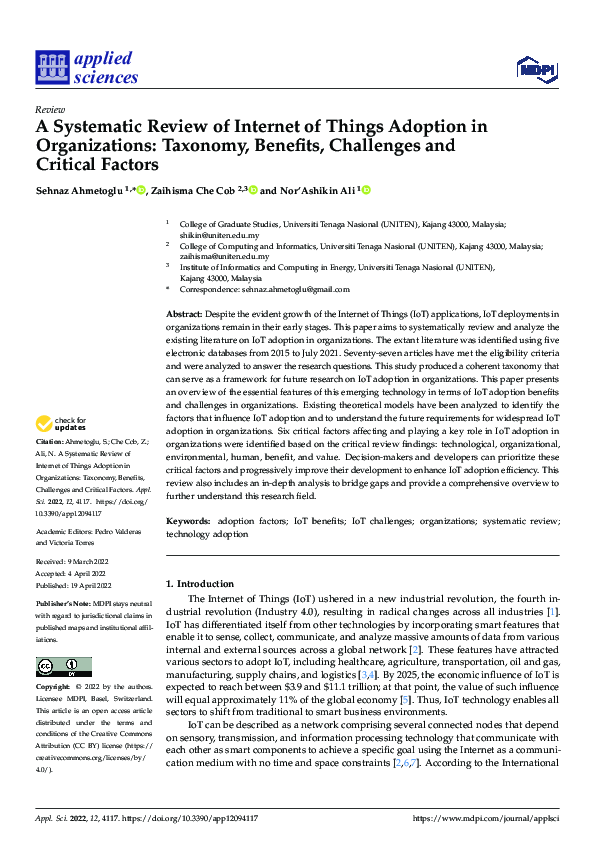 (PDF) A Systematic Review of Internet of Things Adoption in ...