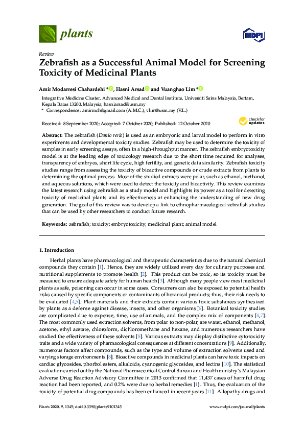 (PDF) Zebrafish as a Successful Animal Model for Screening Toxicity of ...