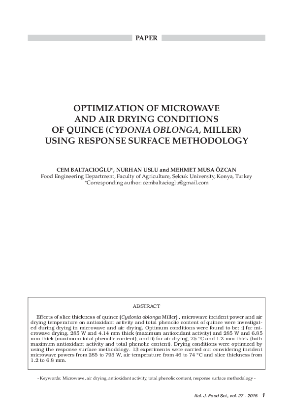 (PDF) Optimization of Microwave and Air Drying Conditions of Quince ...