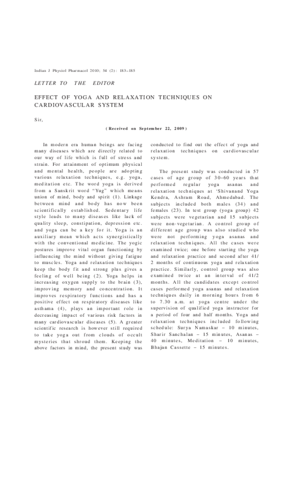 (PDF) Effect of yoga and relaxation techniques on cardiovascular system